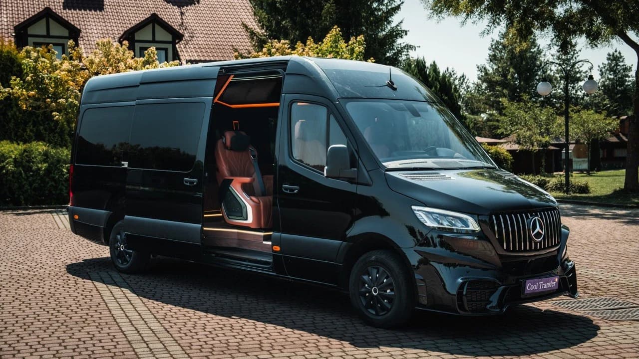 Mercedes-Benz Sprinter Cool Transfer із відчиненими дверима салону перед подачею на трансфер